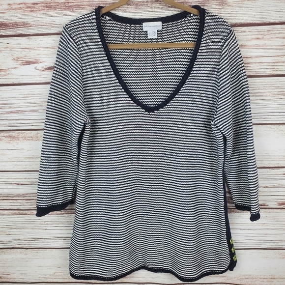 Soft Surroundings Womens Large Navy Blue/White Stripe Chunky V-Neck Sweater   B3 - Picture 1 of 10
